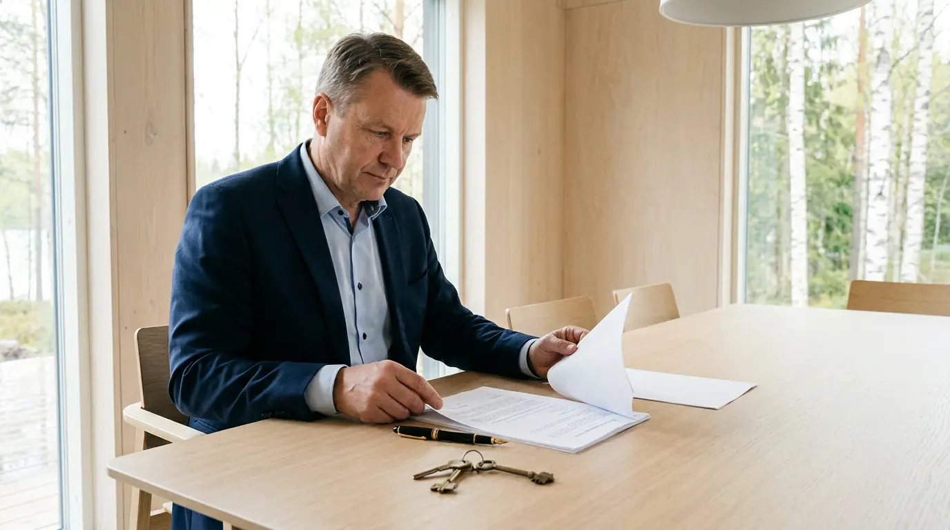 AI-luotu havainnekuva: Kaupanvahvistaja tarkastamassa kiinteistökaupan asiakirjoja ja henkilöllisyystodistuksia